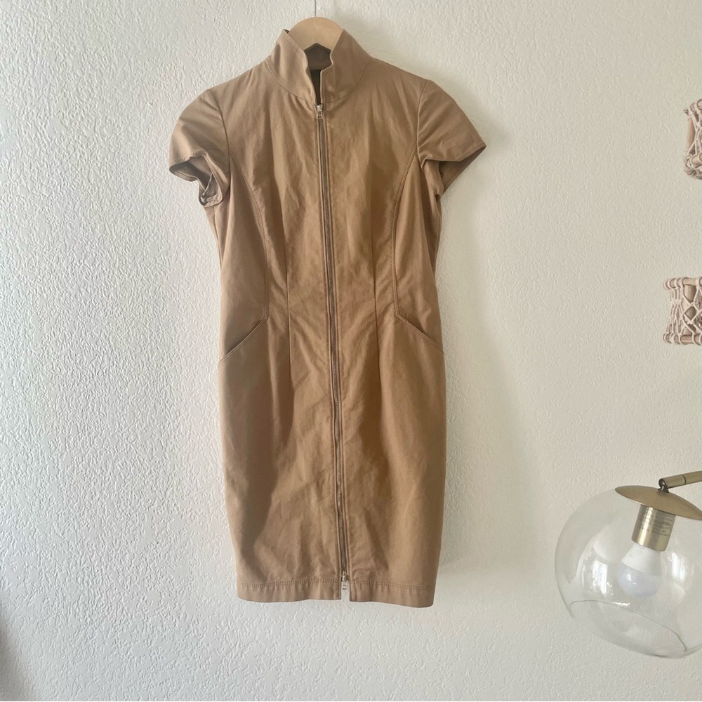 Lafayette 148 Short Sleeve Fitted Tan Dress Zip Front
